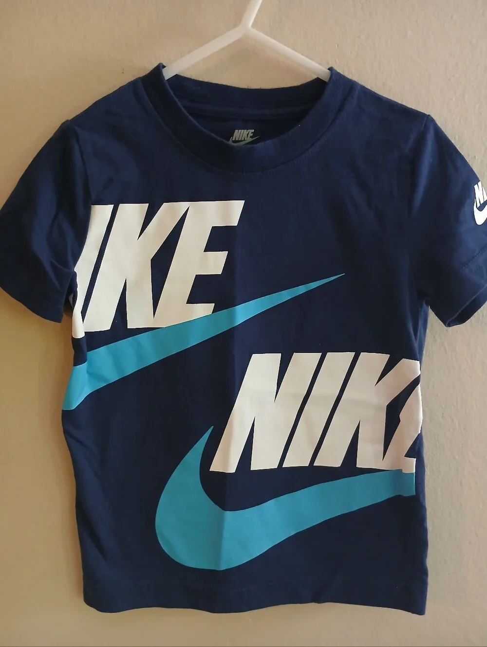 Nike Kids Navy Blue Tee with White and Light Blue Logo